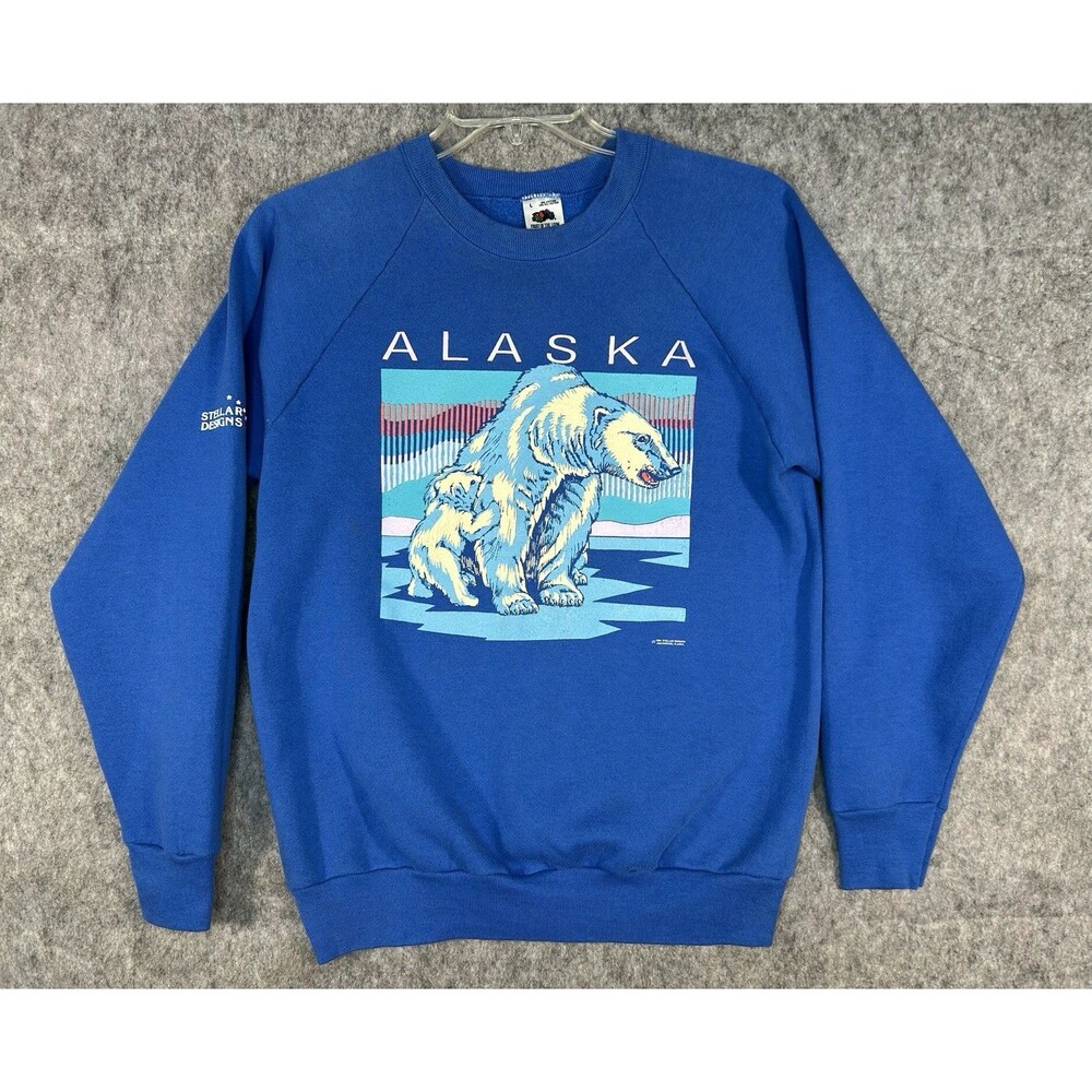 VTG Alaska Sweatshirt Blue Polar Bear Cub 90s Size L Made In USA